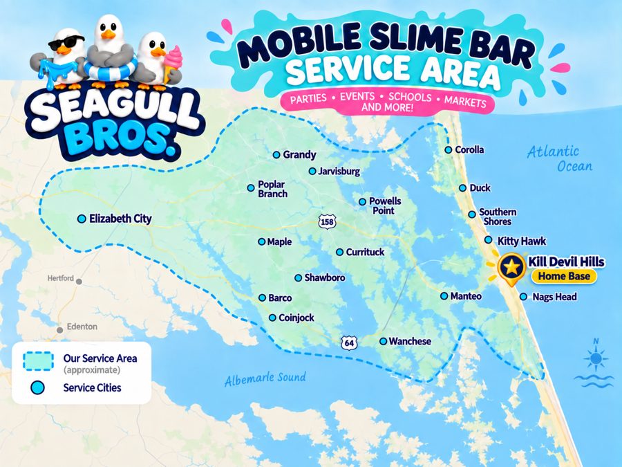 Map of the Seagull Bros mobile Slime Bar service area, from Corolla to Wanchese and west to Elizabeth City
